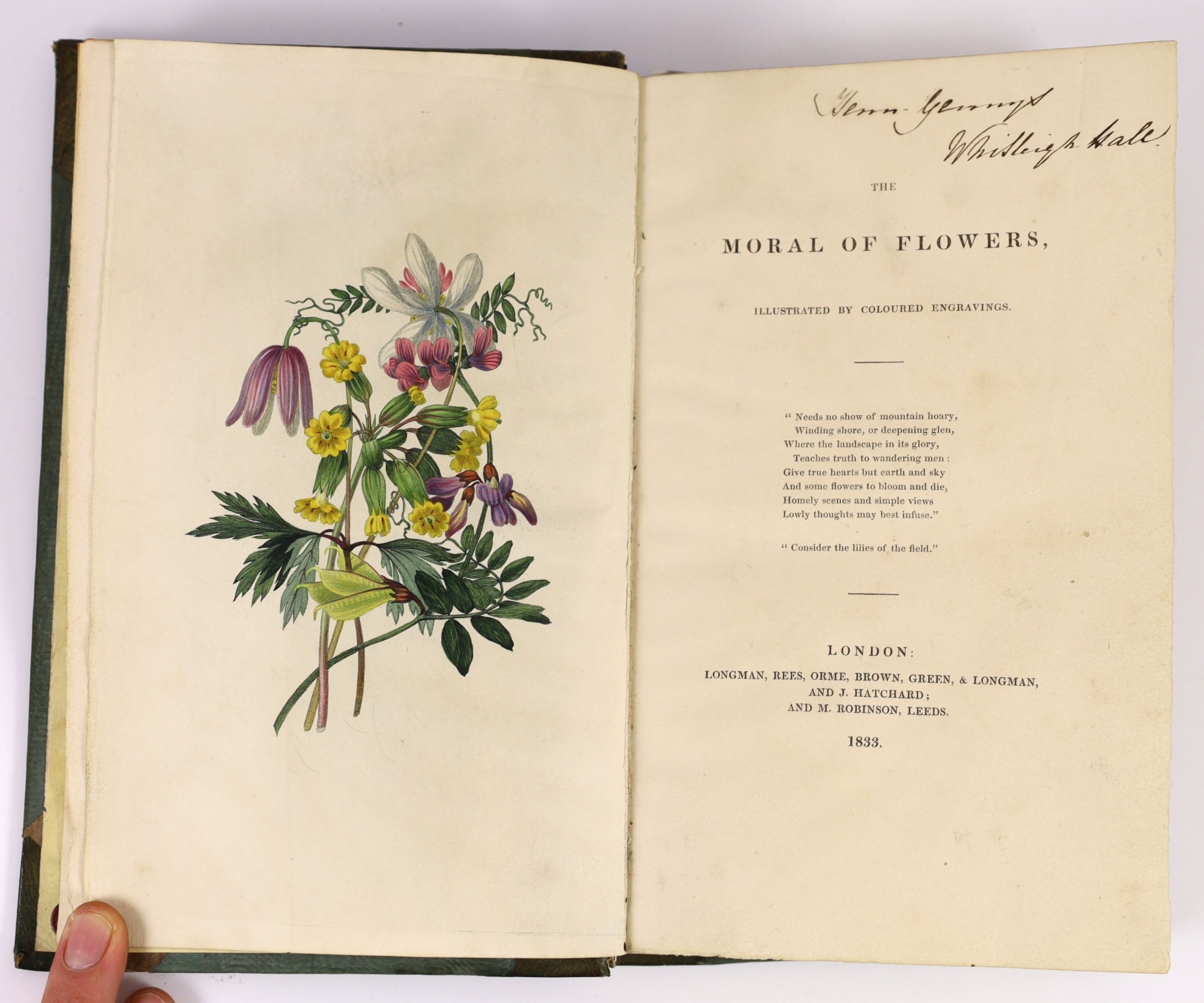 Hey, Rebecca - The Moral of Flowers, 1st edition, 8vo, contemporary half morocco gilt, with 24 tissue guarded hand-coloured engravings, Longman, Rees, Orme, et al; London, 1833